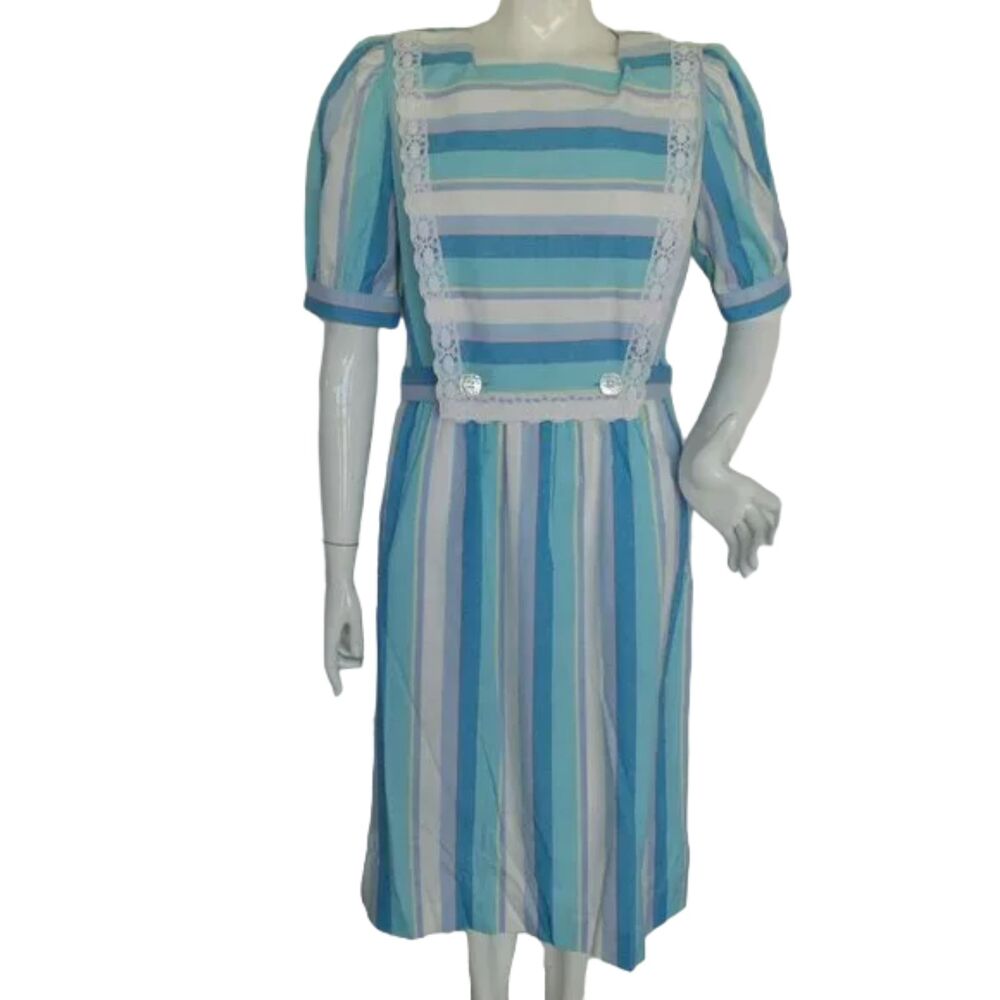 LESLIE FAY Vintage Dress, M, Blue Striped, Lace Bib, Belt, Puffy Short Sleeves